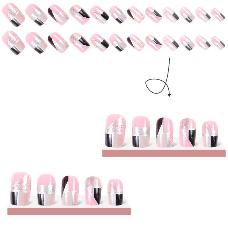 Black and Pink Glitter Square Nail Tips