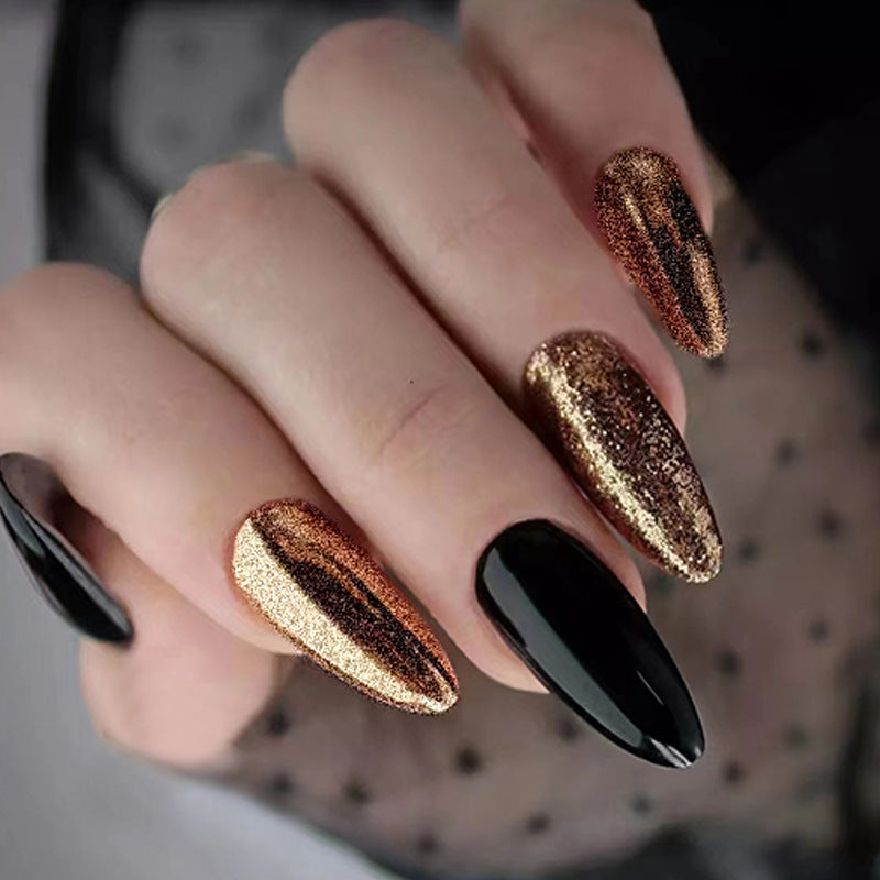 Sweet Cool Solid Almond Round Flash Black Gold Fall Nails