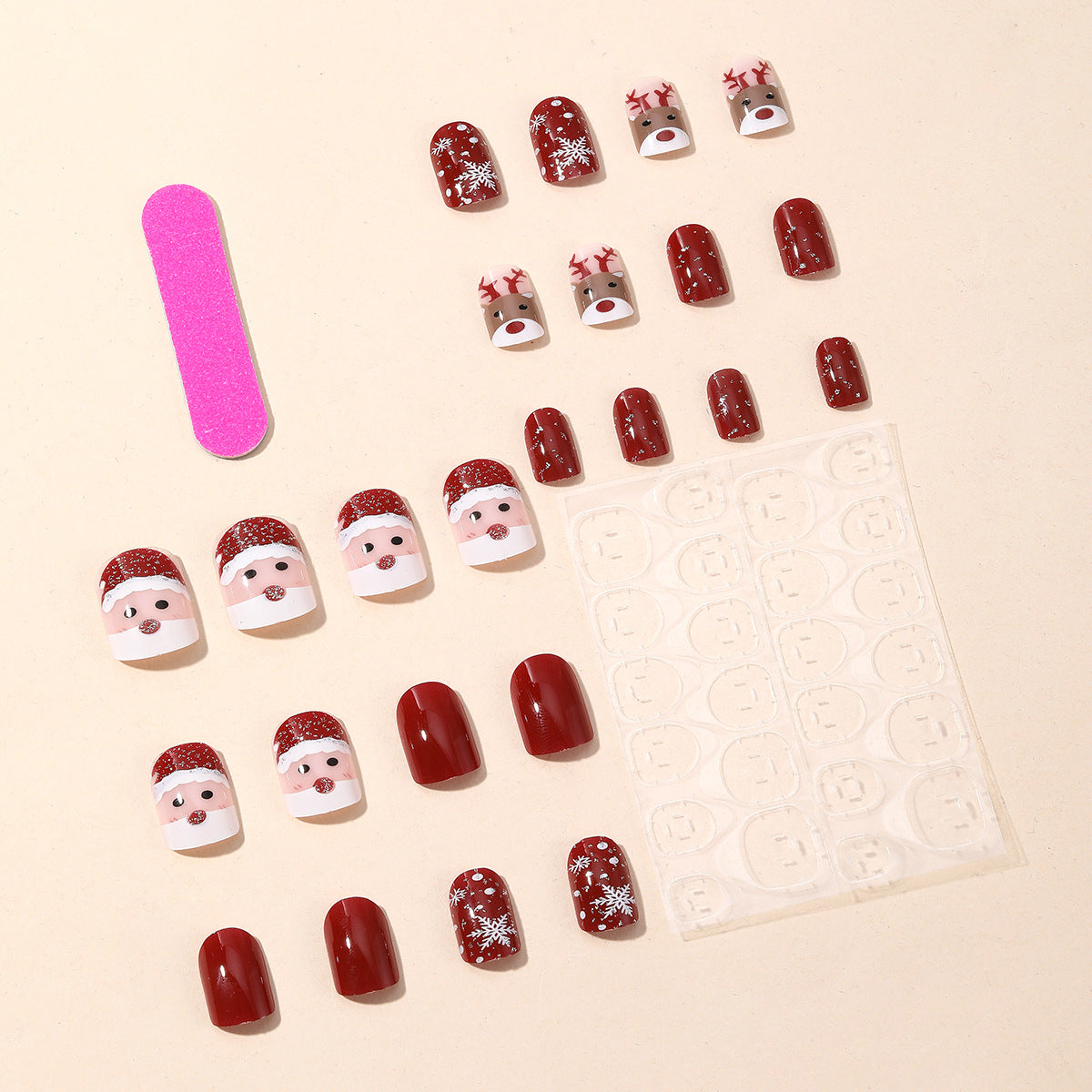 Christmas Red Short Square Santa Reindeer Glitter Detachable Fake Nails