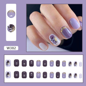 Baroque Vintage Blue-Purple Elegant Nails Gold Foil French Clean White Fake Nails