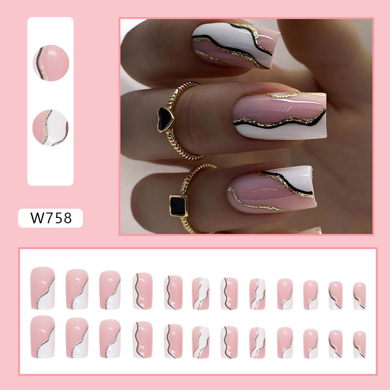 Simple White Irregular Wave Black Lines Gold Powder Euro Square Nails