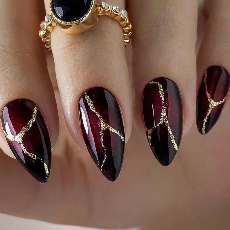 Chic Almond Nail Tips with Gold and Burgundy