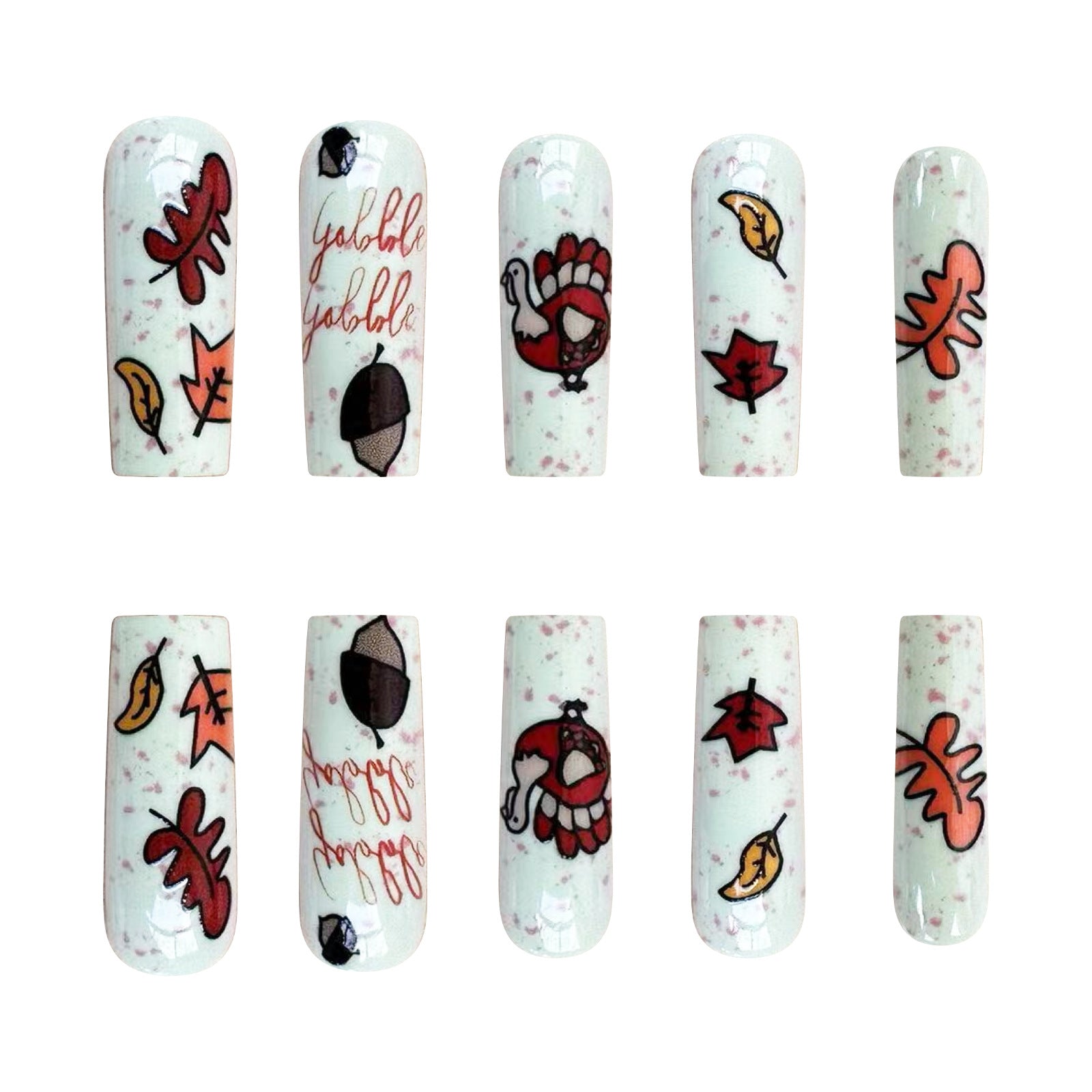 Thanksgiving Nails with Maple Leaf, Acorn, and Turkey Designs