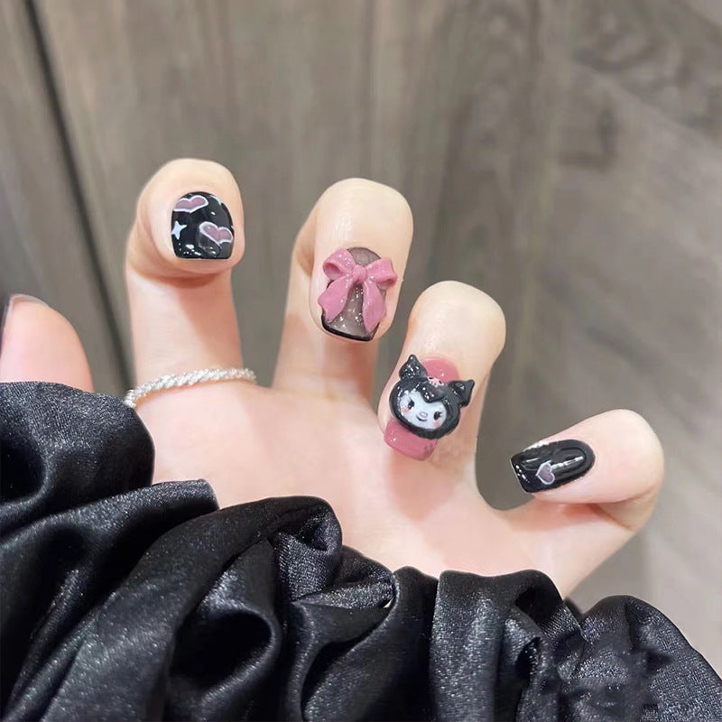 Removable Short Black Pink Heart Nail Tips