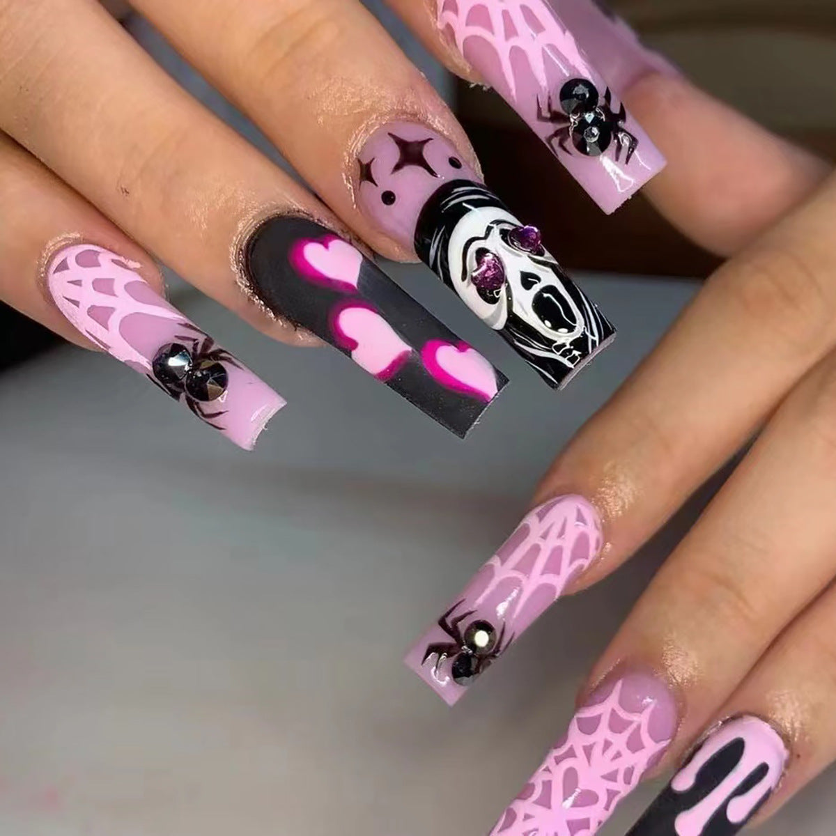 Spooky Fall Nails: Diamond-Accent Long Waterpipe Nail Tips with Heart, Spider, Skull Designs