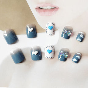 Chic Minimalist Removable Blue-White Gradient Nail Stickers with Rhinestones