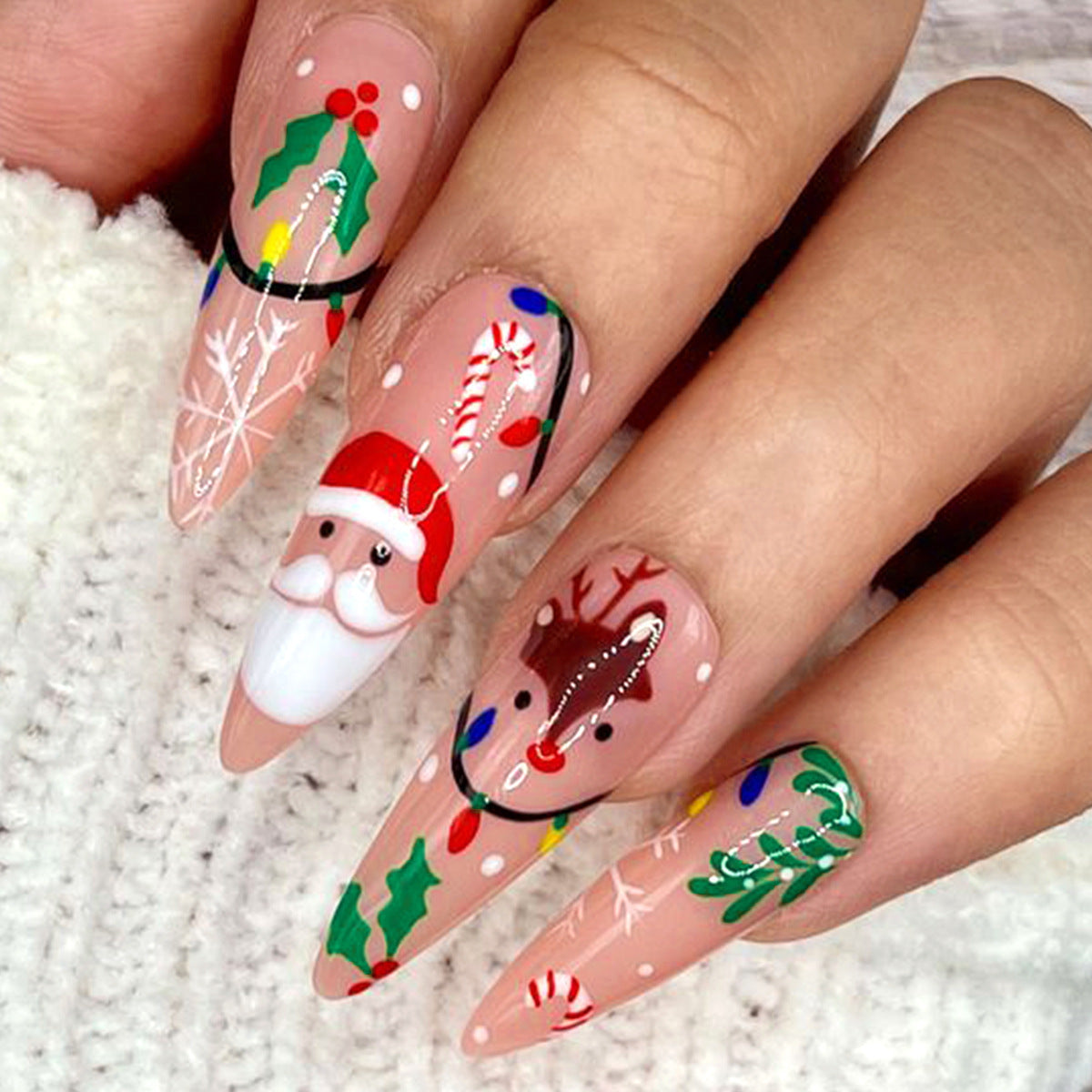 Christmas Nail Tips with Santa, Reindeer, and Almond Shape