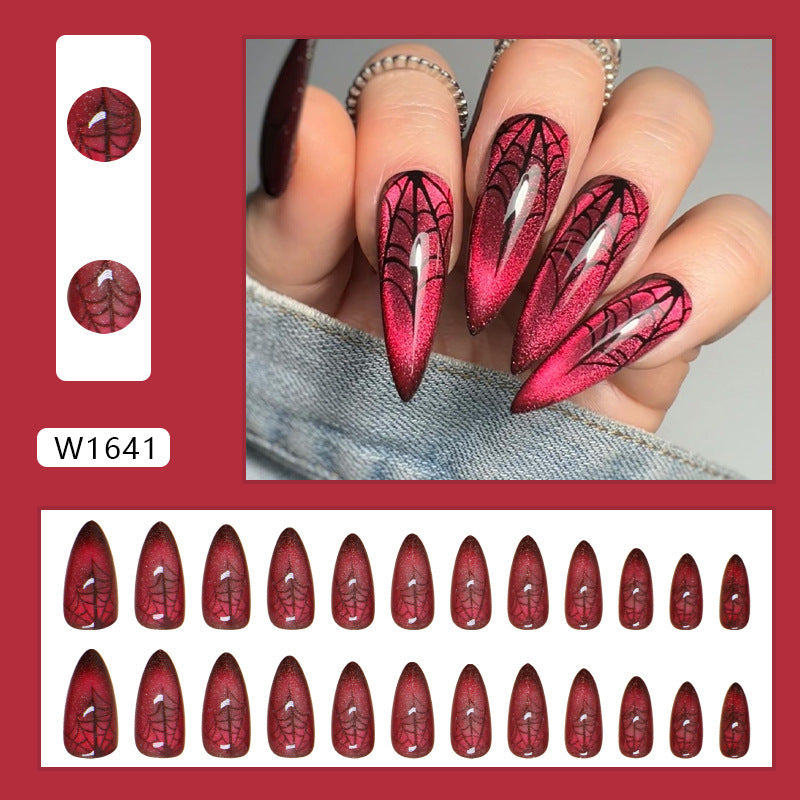 Red Cat Eye Spider Web Halloween Nails, Pointed Shape