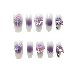 Chic Handmade Purple Starry Sky Long Full-Diamond Fall Nails, Versatile and Stylish Nail Patches