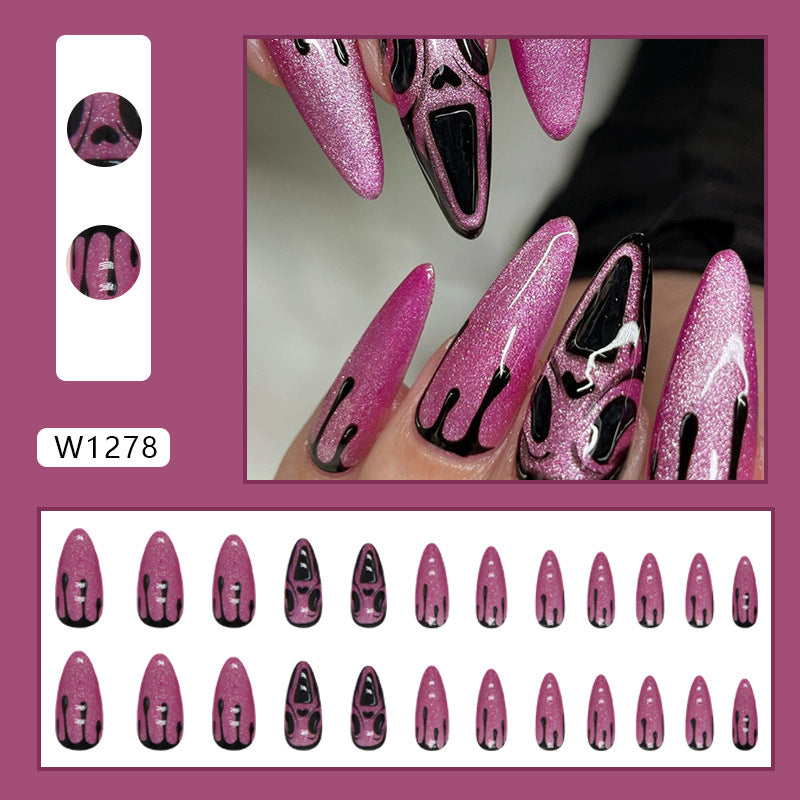 Almond Shape Aurora Purple Skull Nails, Halloween Special