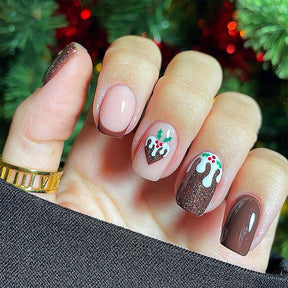 Christmas Brown Glitter Heart Nails