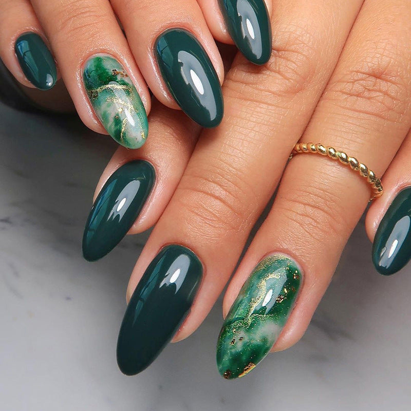 Vintage Dark Green Jade Ins-Style Removable Fall Nails: 24-Piece Set