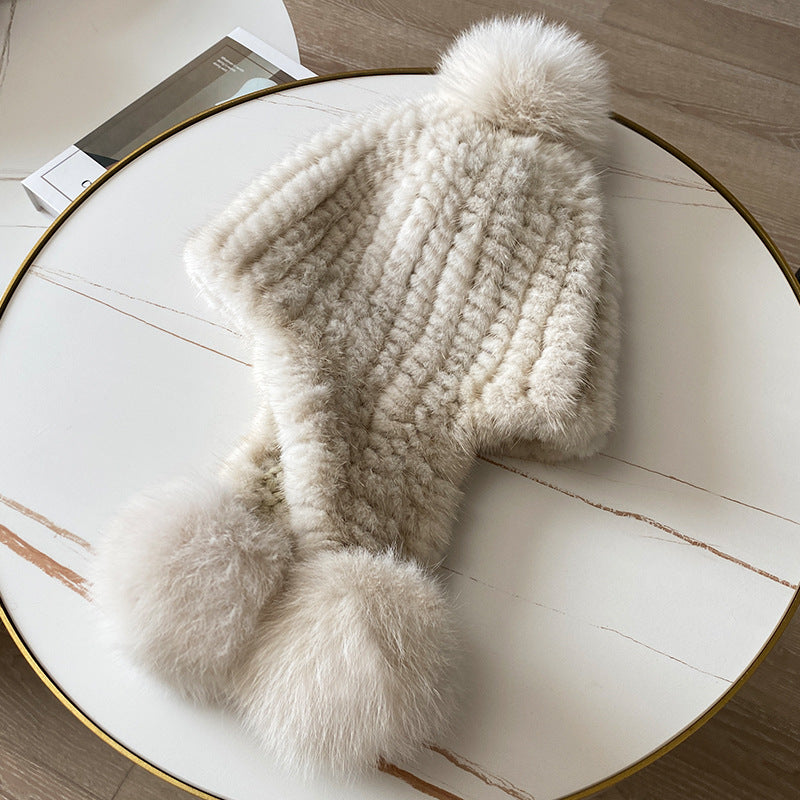 Warm Mink Fur Hat with Fox Pom Pom - Winter Luxury