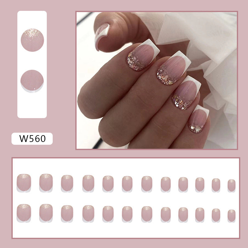 Simple Short White French Glitter Fall Nails, 24-Piece Set