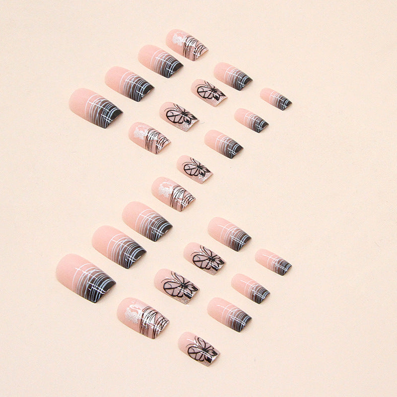 Black Gradient Chic Line Long Nails, Ins Style Export Quality