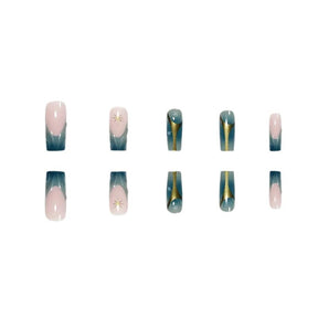 Classic Blue-Green Gradient Gold Stripe Resin Star Nail