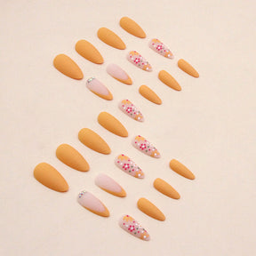 Round Almond Nails Matte Retro Flower Apricot Solid Color Wearable Nails