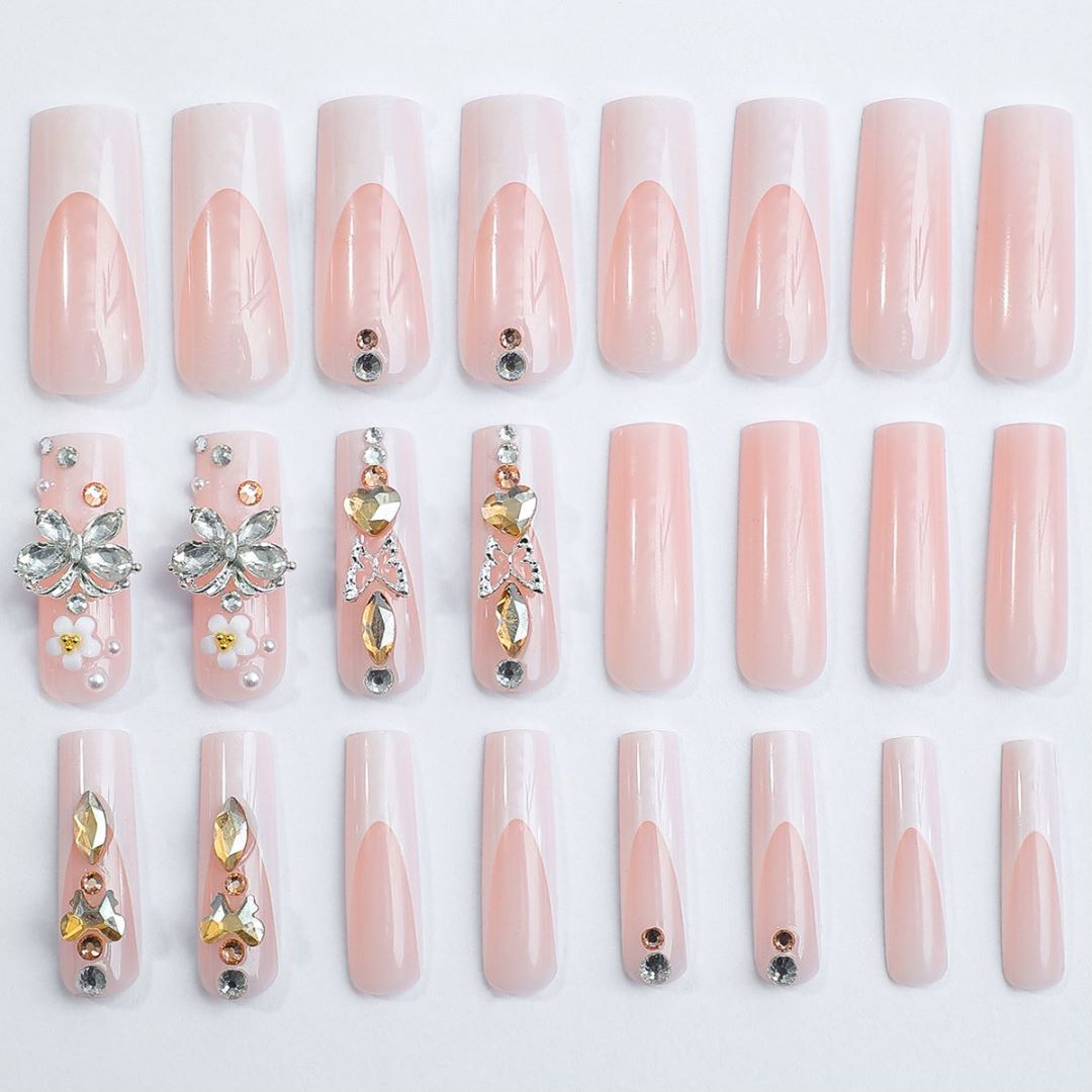 French Water Pipe Nail Tips with Alloy Butterfly Decor