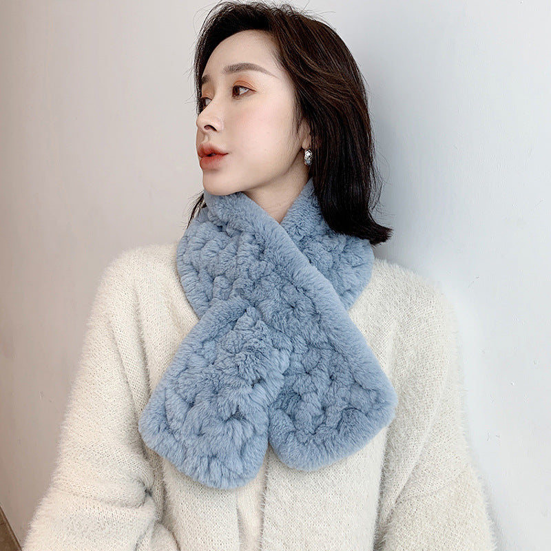 Real Rabbit Fur Scarf with Diamond Pattern - Winter Warmth