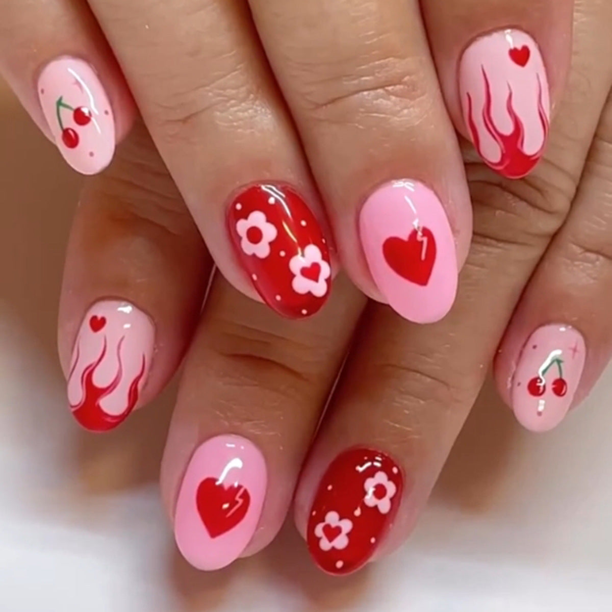 Valentine's Day Red Heart, Flame, Flower, Cherry Nails