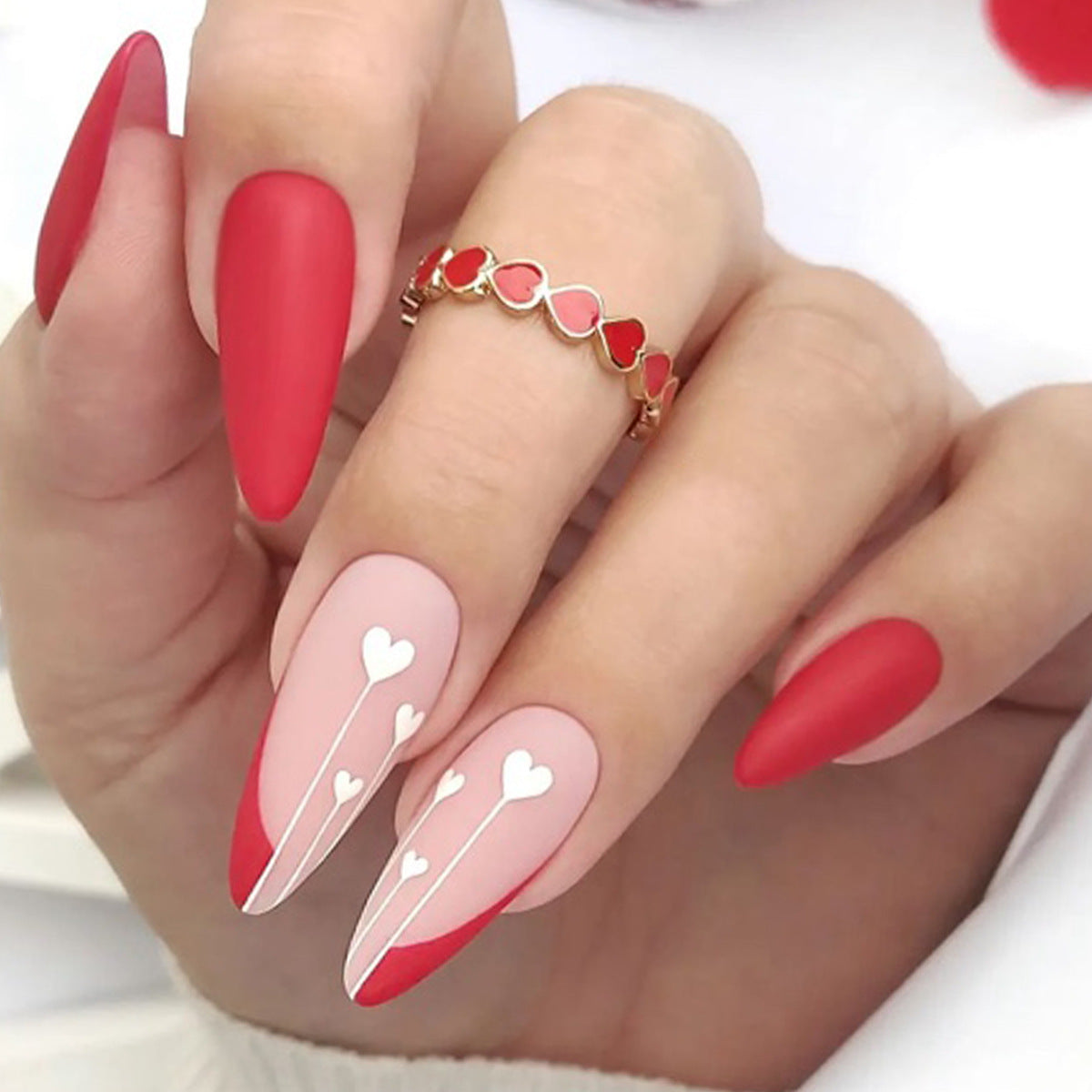 Valentine's Red Matte Almond Nails with Irregular French Tips