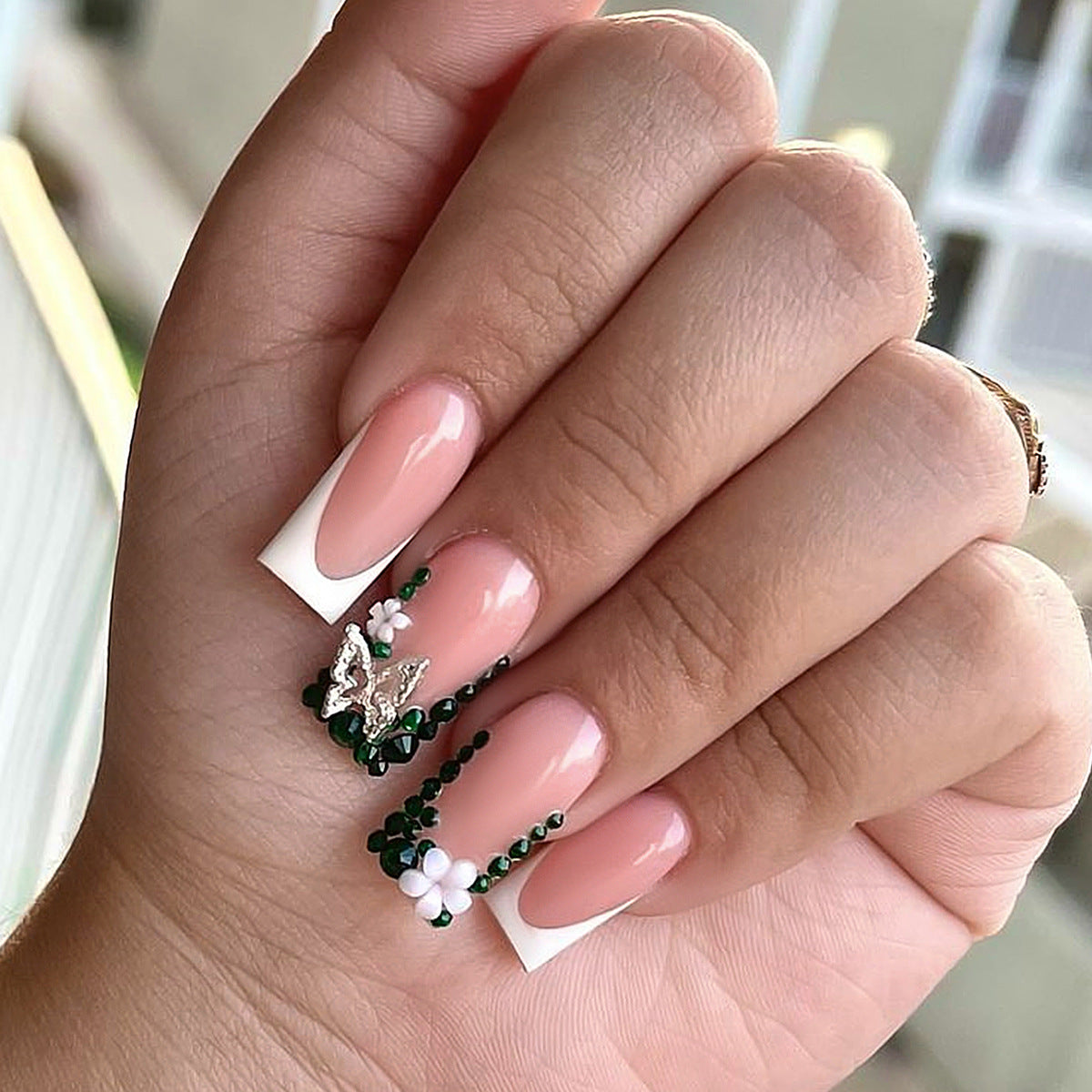 Classic Green Gemstone Butterfly and Flower French Tip Nails