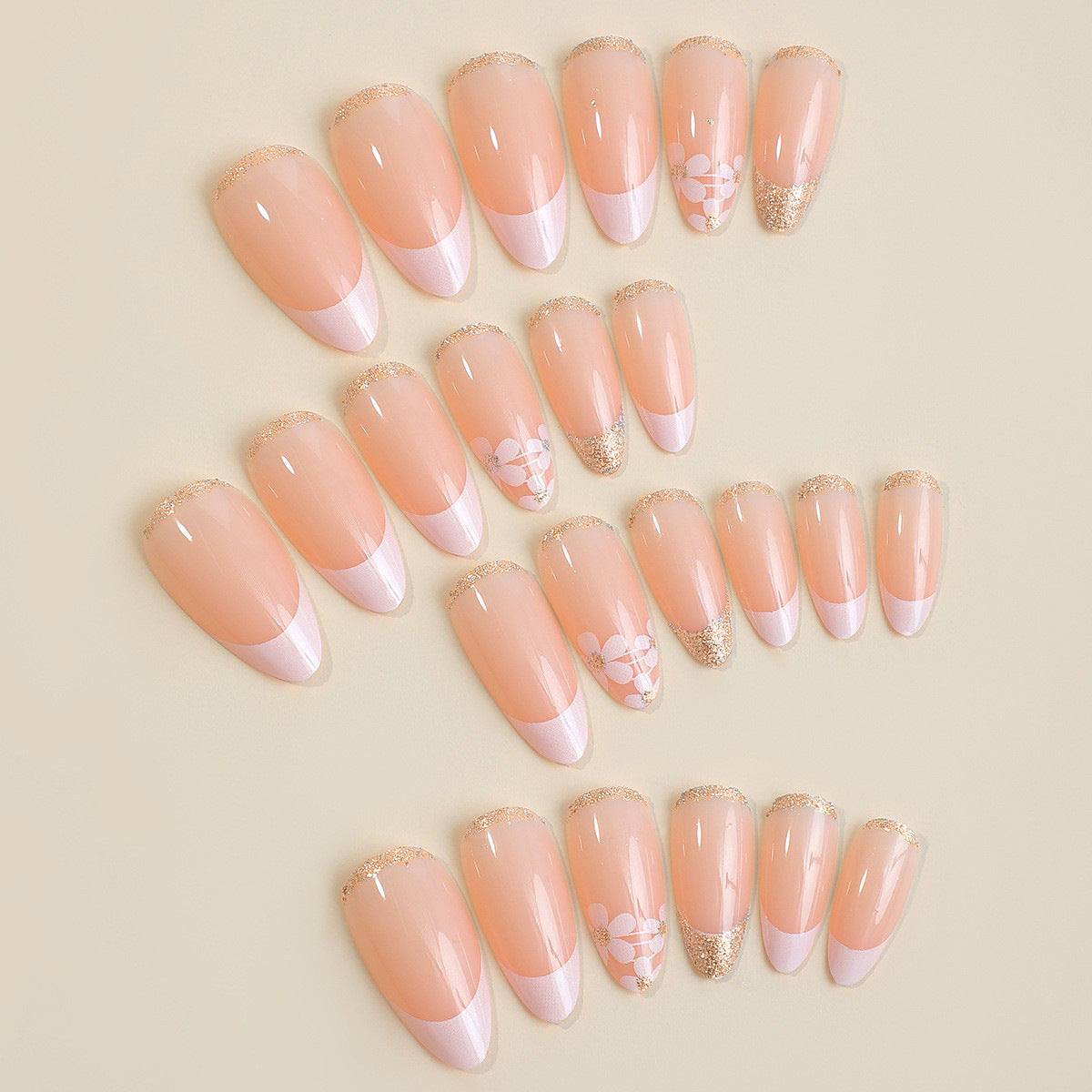 Luxury French Almond Nail Tips with Rhinestone and Lace