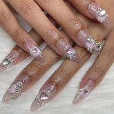 Charming Pink Gradient Heart Crystal Nail Tips - Round Almond Shape