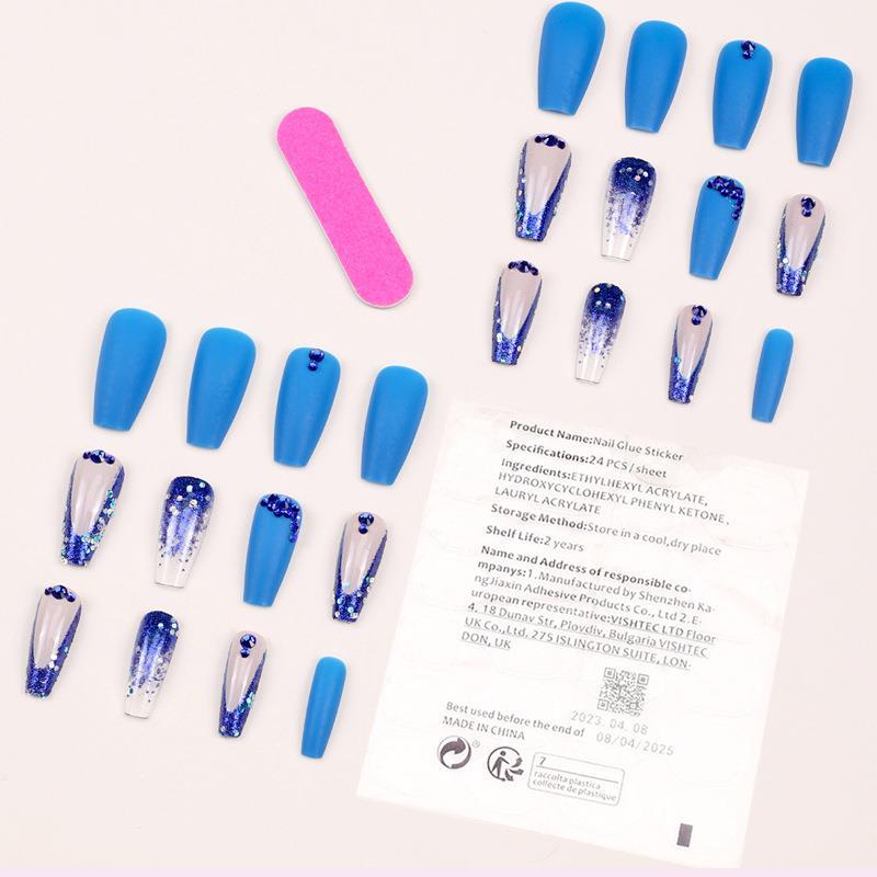 Blue Sparkle T-Shape Nail Tips with Diamonds