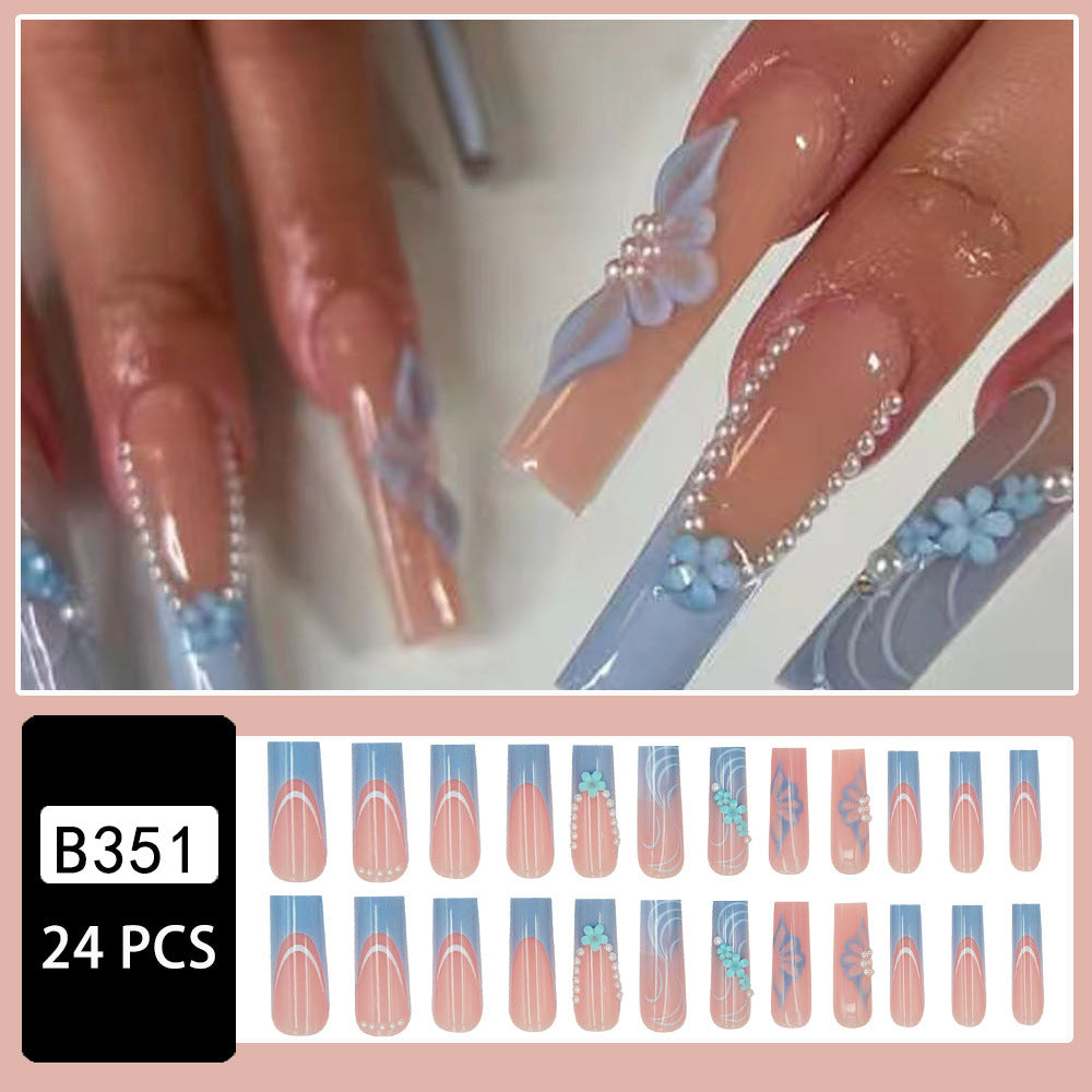 Blue French Minimalist White Line Flower Pearl Nail Extensions