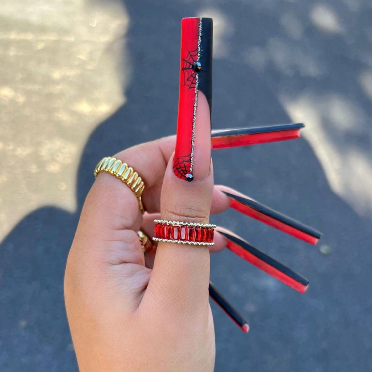 Black Red French Tip Long Halloween Nails with Spider Web