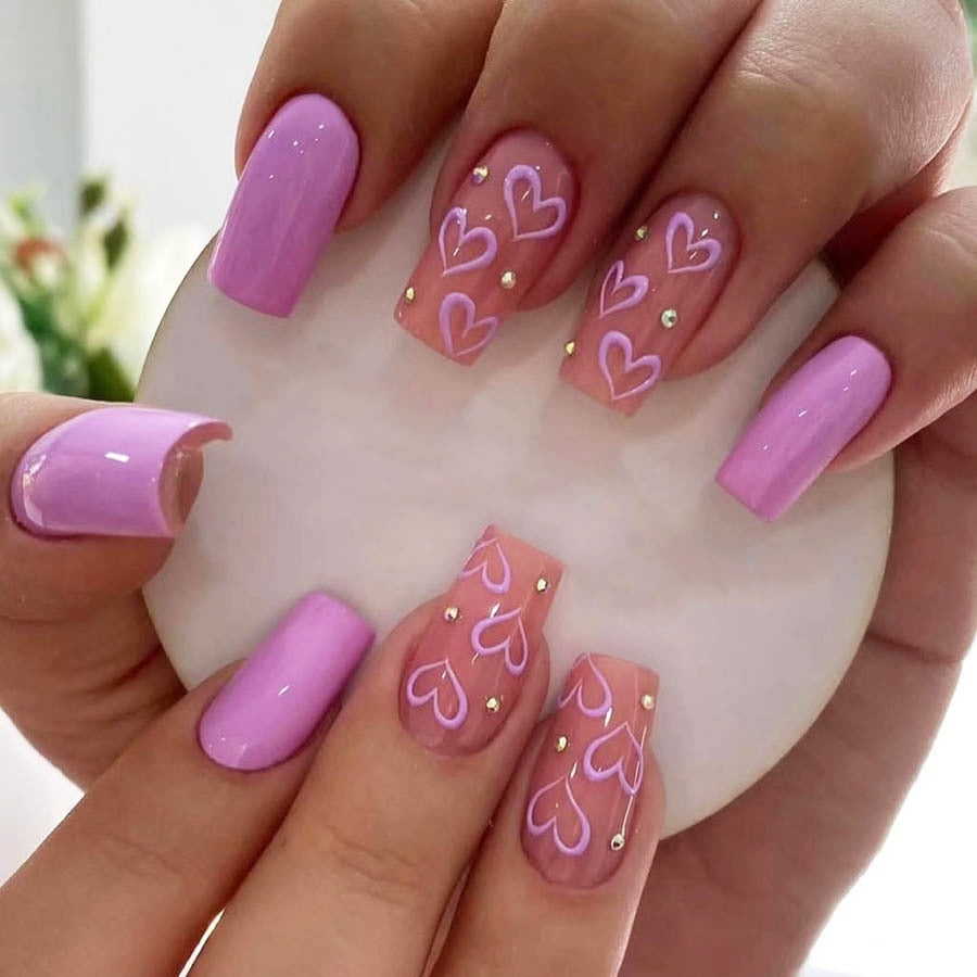 Valentine's Day Heart-Shaped Square Mid-Length Nails, Removable & Sparkly