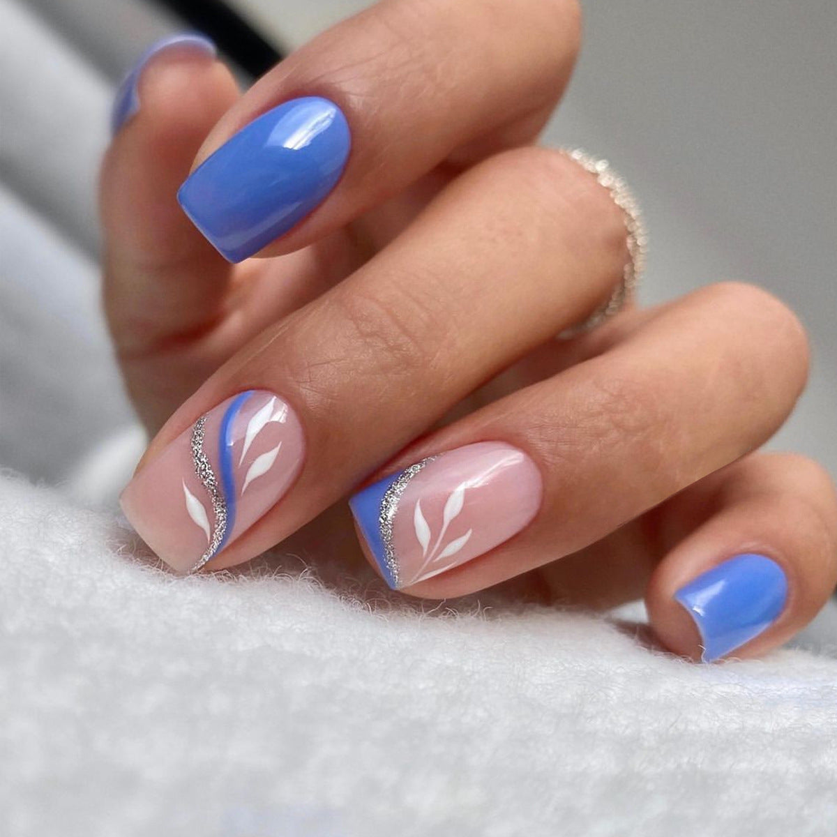 Short Square Nail Tips with Blue-Pink Ombre for Elegance