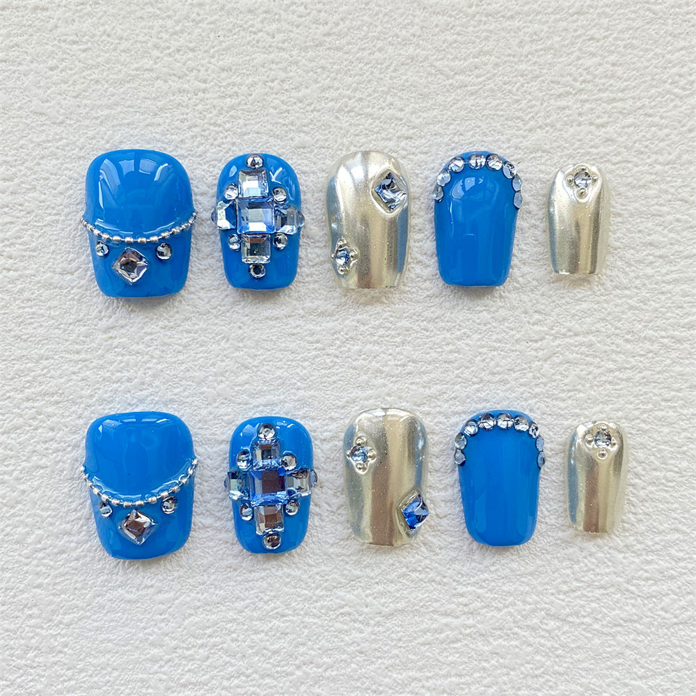 Chic Handmade Full-Diamond Sea Blue Fall Nails, Versatile and Trendy Student-Friendly Nail Patches