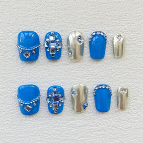 Chic Handmade Full-Diamond Sea Blue Fall Nails, Versatile and Trendy Student-Friendly Nail Patches