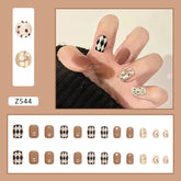 Chestnut Brown Diamond Fall Nails, 24-Piece Gold-Trimmed Set