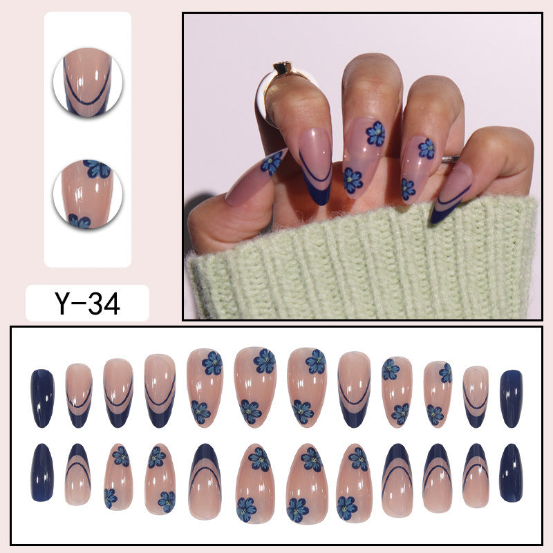 24-Piece INS Style Blue Floral Nail Extensions