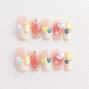 Chic Handmade Multicolor Childlike Heart Bow Polka Dot Fall Nails, Short Nail Patches