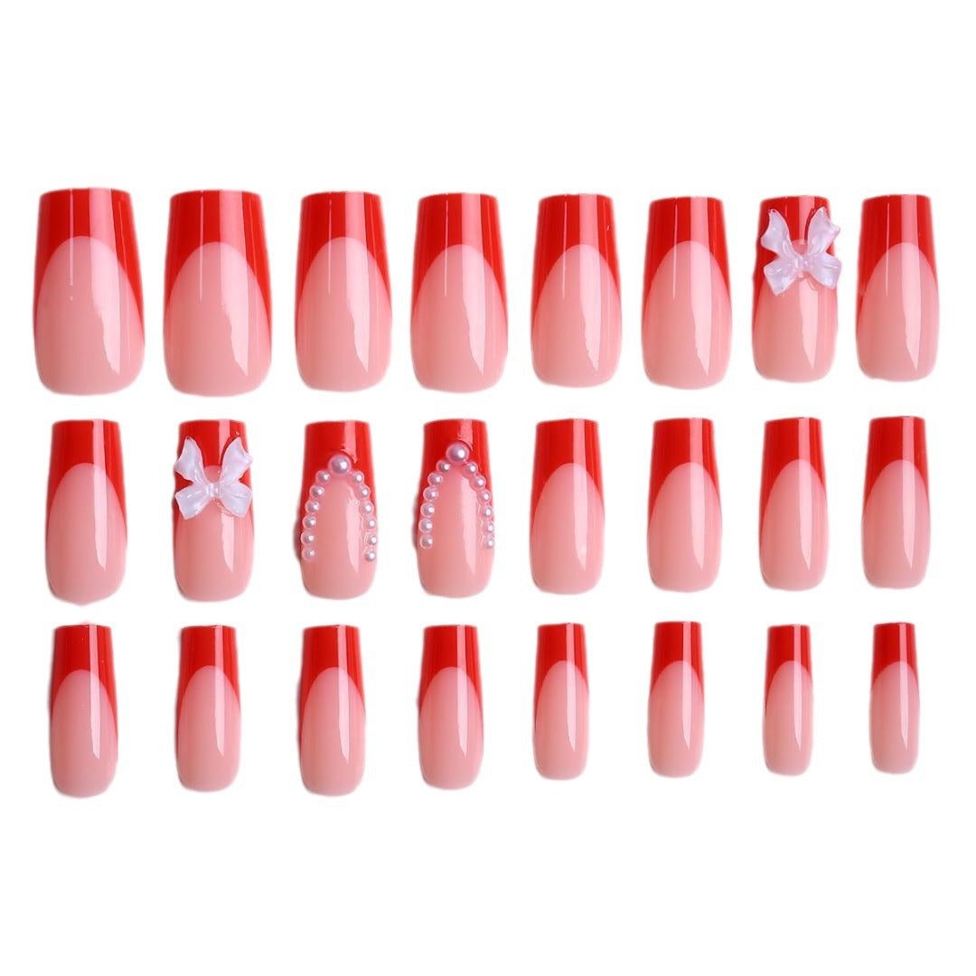 Red French Water Pipe Bow Nails, Removable Nail Art Patches