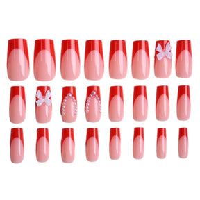 Red French Water Pipe Bow Nails, Removable Nail Art Patches