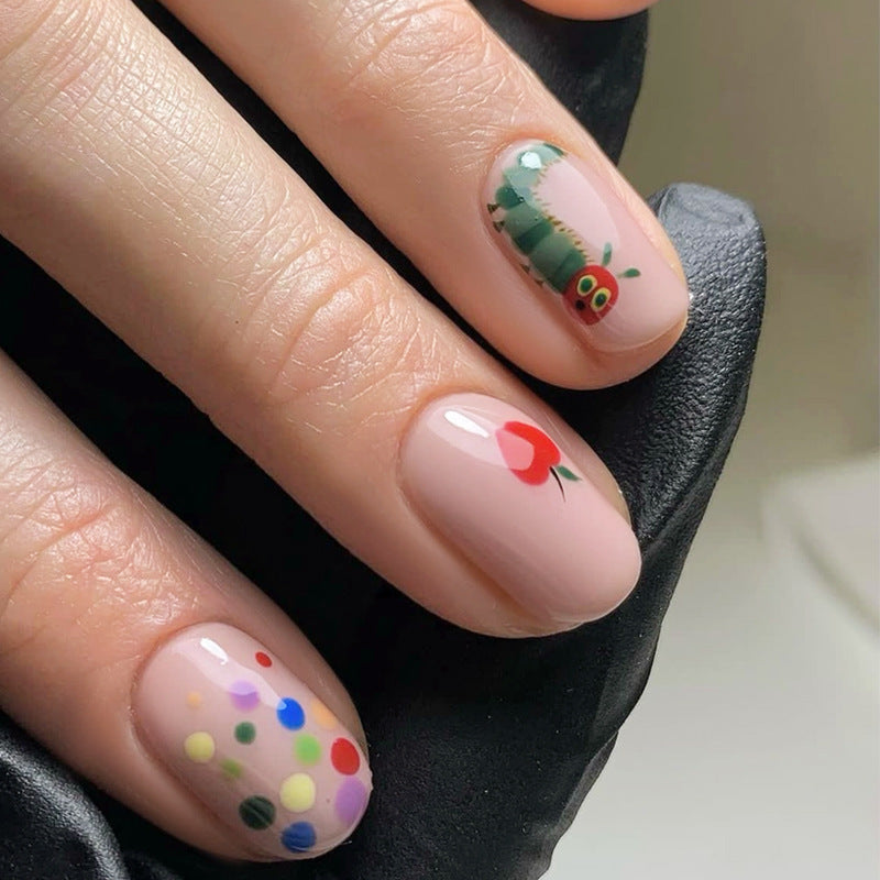 Short Handmade Nails with Painted Caterpillar and Apple