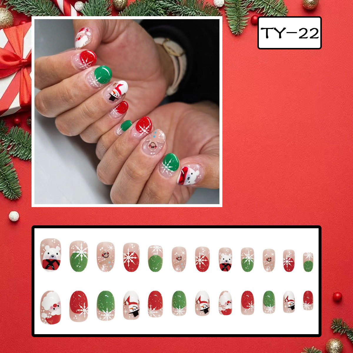 24-Piece Short Oval Red Green French Christmas Cartoon Nail Tips