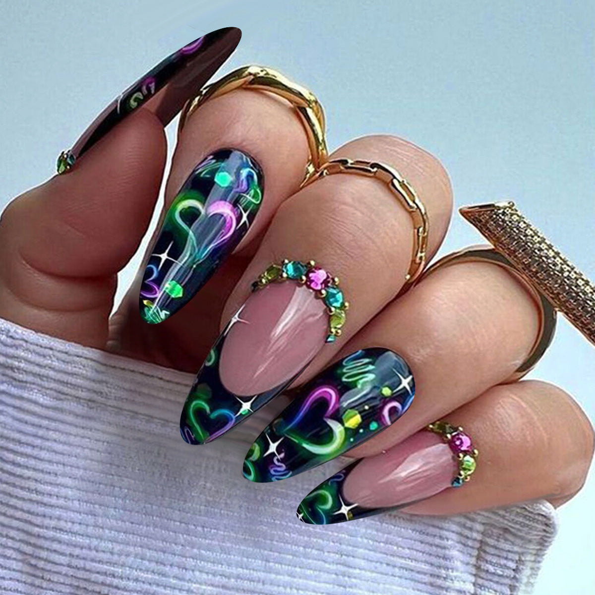 Dark Colored Heart Diamond Almond Nail Tips