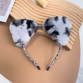 Cute Real Rabbit Fur Cat Ear Headband - Leopard Print