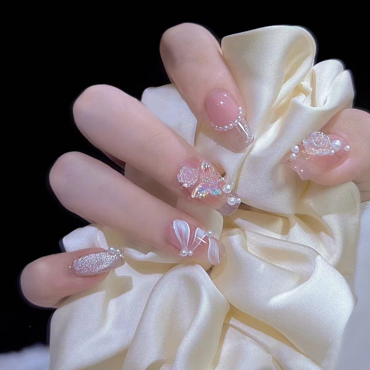 Starlit Rose Hawk-Eye Crystal Tea Flower Nails