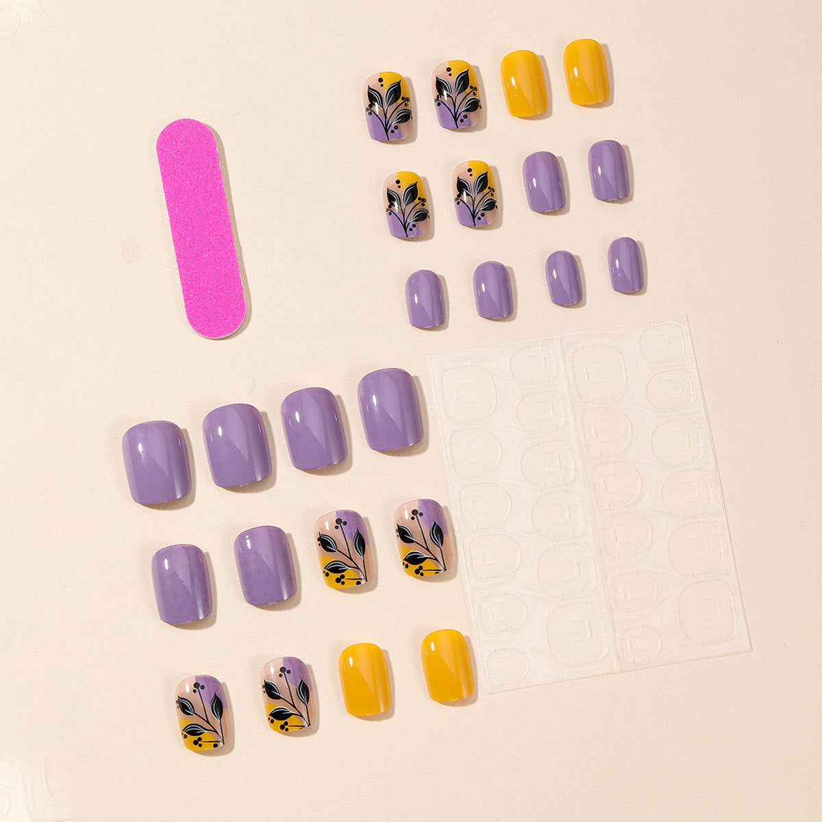 Spring Summer Purple Yellow Floral Print Detachable Fake Nails