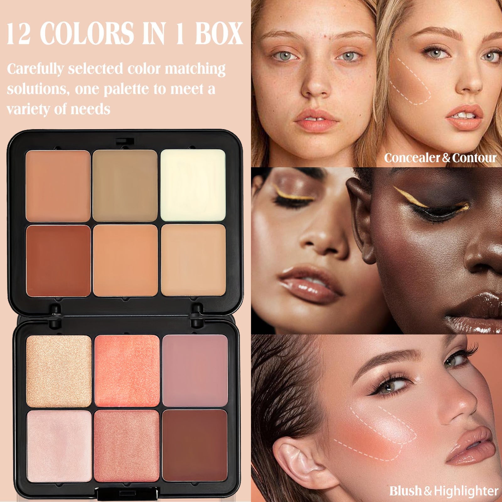 12-Color Metal Compact - Blush, Highlighter, Concealer