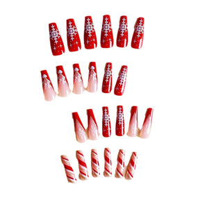 Christmas Long Trapezoid Snowflake Stripe Red Detachable Fall Nails 24-Piece Set