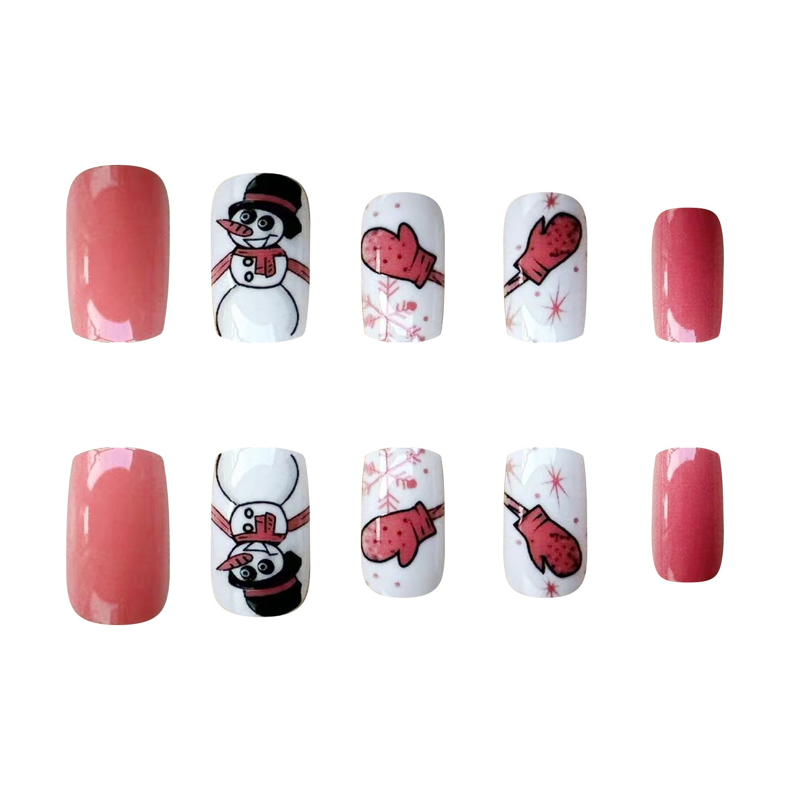 Winter Sweet Pink Short Square Nails with Snowmen and Snowflakes