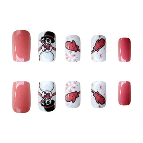 Winter Sweet Pink Short Square Nails with Snowmen and Snowflakes